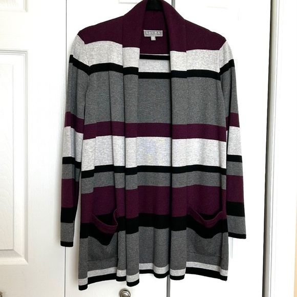 Laura Petites Shawl Collar Open Front Striped Cardigan Purple/Grey Size Med. - Picture 3 of 12